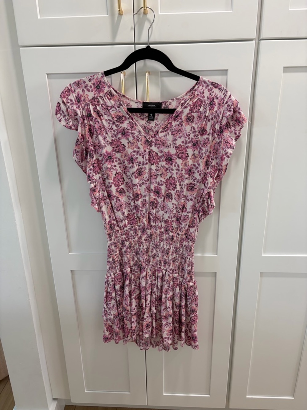 Aqua Pink Floral Smocked Waist Mini Dress Size Small